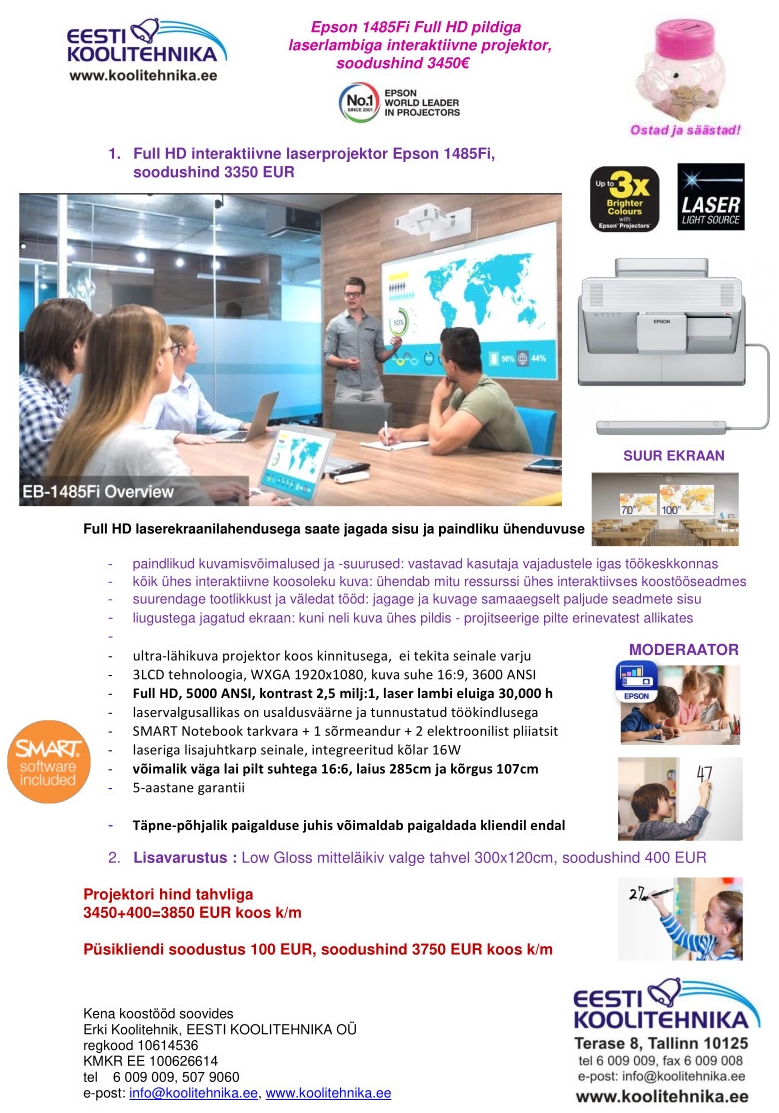 Epson 1485Fi Full HD pildiga laserlambiga interaktiivne projektor