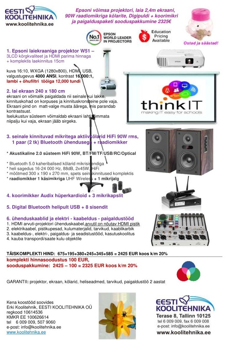 Epsoni võimsa projektori, laia 2,4m ekraani, 90W raadiomikritega kõlarite, Digipuldi + koorimikri ja paigalduspaketi sooduspakkumine