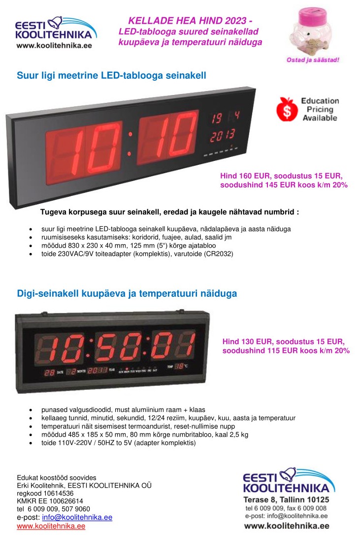 LED-tablooga suured elektroonilised seinakellad
