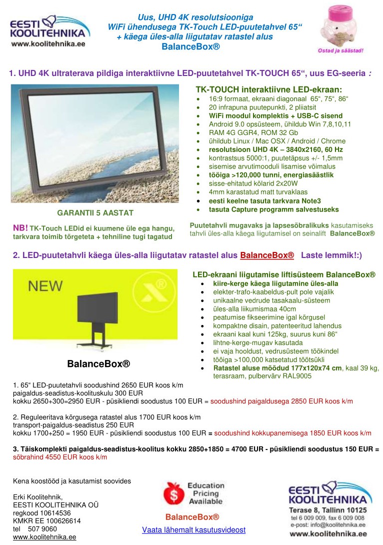 TK-Touch LED-puutetahvel 65“ + käega üles-alla liigutatav ratastel alus BalanceBox®