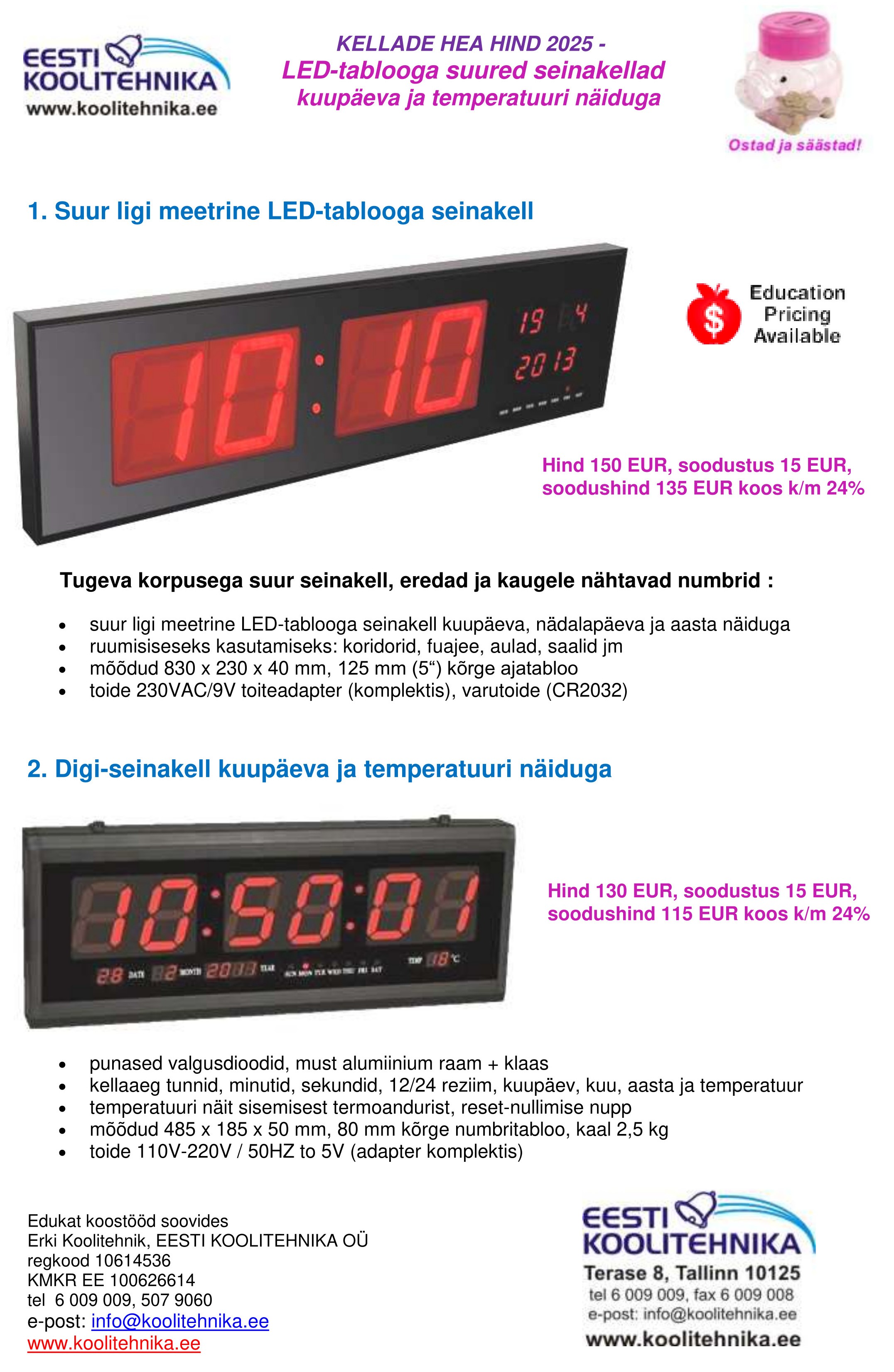 LED-tablooga suured elektroonilised seinakellad