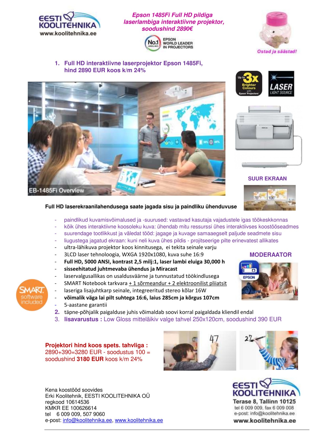 Epson 1485Fi Full HD pildiga laserlambiga interaktiivne projektor