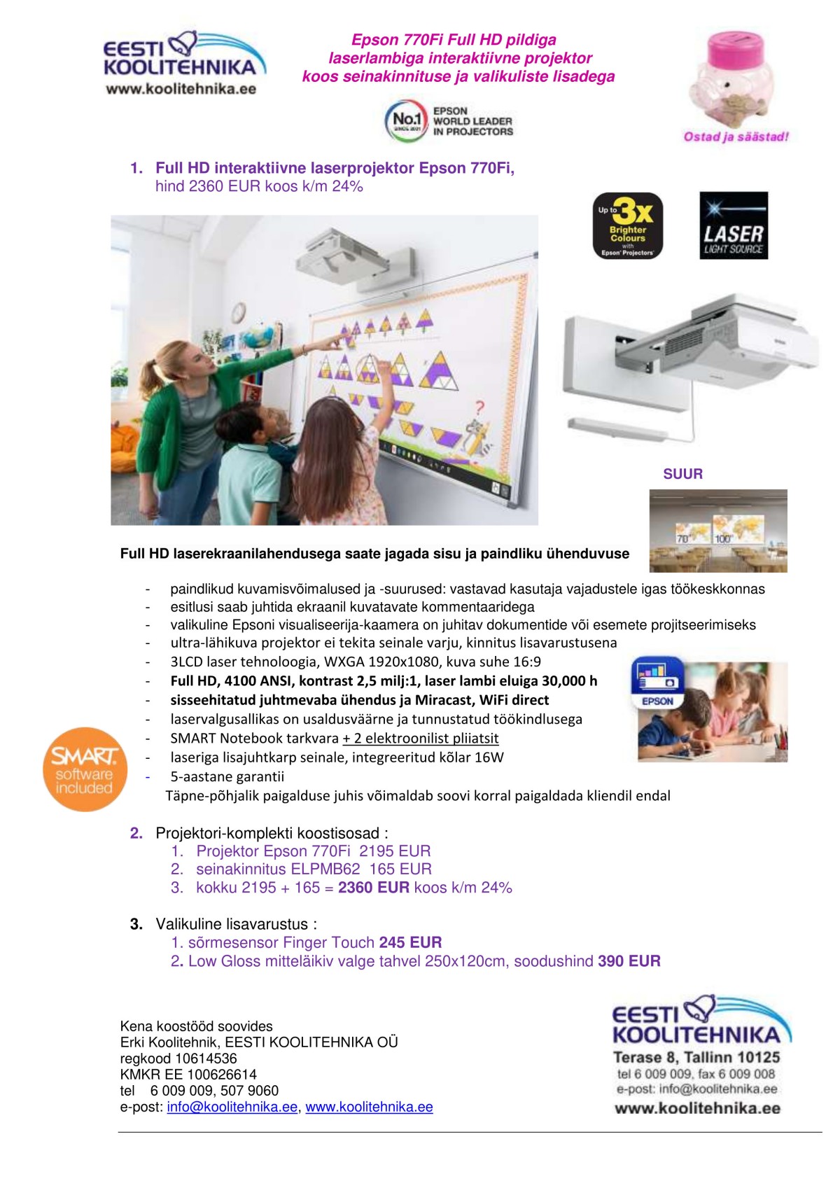 Epson 770Fi Full HD pildiga laserlambiga interaktiivne projektor koos seinakinnituse ja valikuliste lisadega