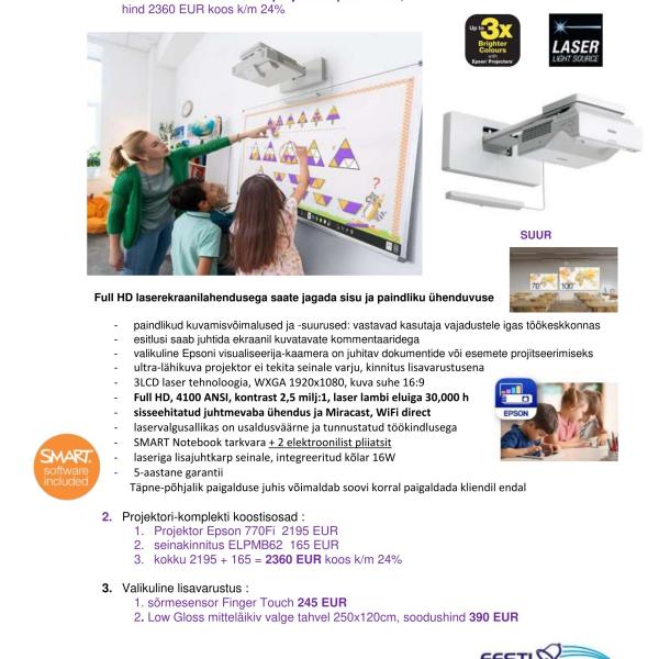 Epson 770Fi Full HD pildiga laserlambiga interaktiivne projektor koos seinakinnituse ja valikuliste lisadega