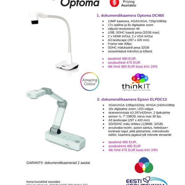 OPTOMA + EPSONI SOODUSPAKKUMINE: head-soodsad dokumendikaamerad Optoma DC 460 + Epson ELPDC13