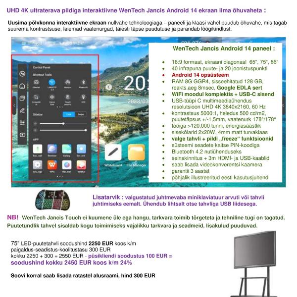 UHD 4K resolutsiooni ja Bluetooth + WiFi ühendusega WenTech Android 14 75